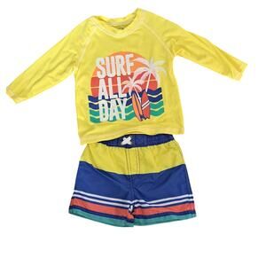 Boy's Yellow Blue  Surf All Day Two Piece Rash Guard Swim Set 12 Months   NWOT
